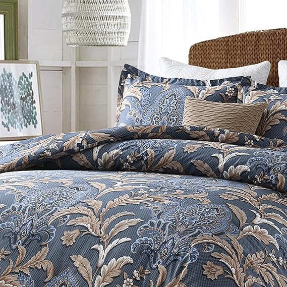Quilta Vintage Paisley Damask Comforter Set Queen, Navy Blue, Cotton, 3 PCS