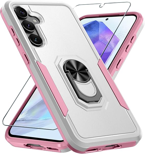 Janmitta Compatible with Samsung Galaxy A35 5G Case with Screen Protector,Heavy Duty Shockproof Full Body Phone Cover Built in Metal Ring Holder Kickstand,2024 White