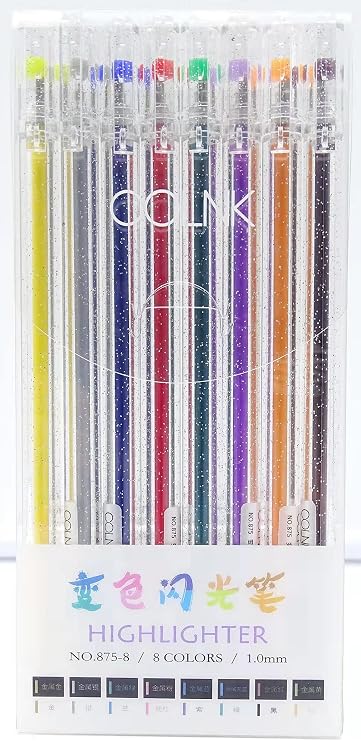 COLNK Glitter Gel Pens with 8-color Sparkling Ink,Metallic Pens 1.0mm Bold Line, Glitter Gift Pen for Journaling,Pack of 8