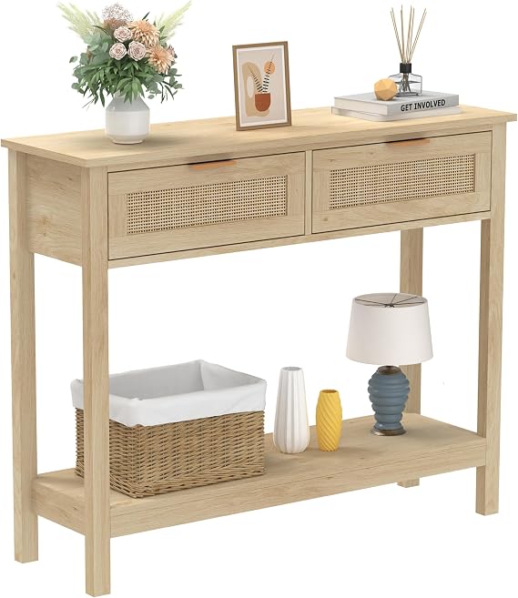 Trironsun Boho Rattan Console Table with 2 Drawers 2 Tier Entryway Table Farmhouse Wood Sofa Tables with Open Storage Shelf for Living Room Hallway Foyer