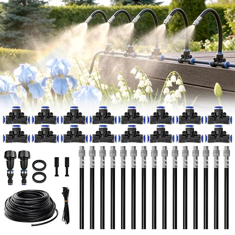 360 Adjustable Drip Irrigation System, 49FT Garden Watering System with 15 Nozzles, Water Sprinkler for Garden, Yard, Lawn, Greenhouse, Plants, Backyard Misting System