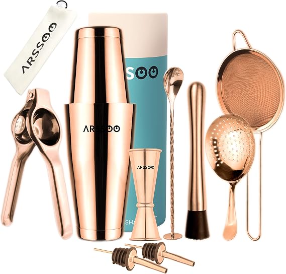 Bartender Kit 11-Piece Stainless Steel Cocktail Shaker Set | Perfect Home Professional Bar Tools, 27/20 OZ Weighted Boston Shakers, Lemon Squeezer, Strainer (Julep, Mesh) | ARSSOO Bar Set (Rose Gold)