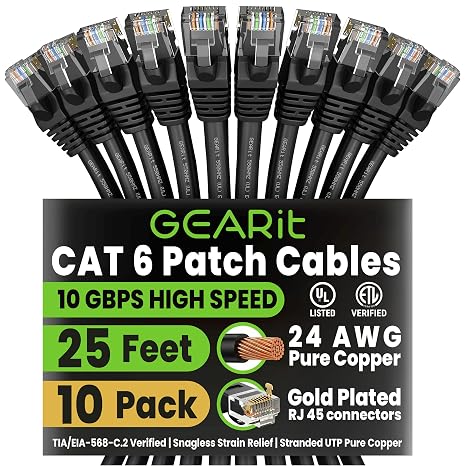 GEARit Cat6 Patch Cables Cat 6 Ethernet Cable 25 ft 10-Pack Black