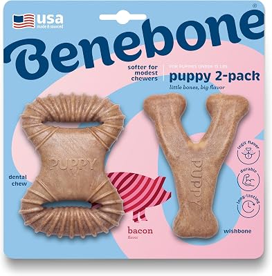 Benebone Puppy 2-Pack Dental ChewWishbone Dog Chew Toys, Made in USA, Real Bacon Flavor