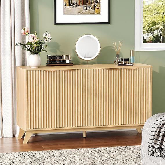 VINGLI 55" Buffet Cabinet with Storage, Fluted 4 Doors Sideboard Cabinet with Adjustable Shelves, Modern Storage Cabinet with Doors for Kitchen, Dining Room & Living Room, Natural Oak