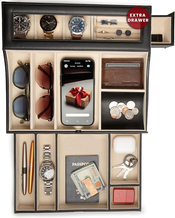 HOUNDSBAY Mens Valet Box Organizer with Charging Station, Large Leather EDC Catchall Tray for Watches, Jewelry & Everyday Accessories, Nightstand and Dresser Top Storage for Men