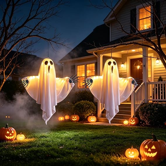 2 Pack Halloween Ghost Outdoor Decor, Spooky Hanging Ghosts Decorations