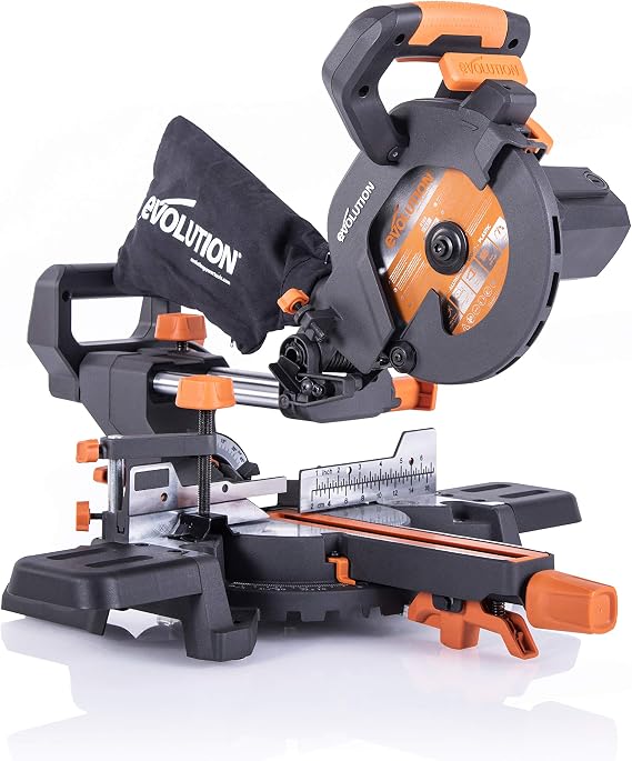 Evolution Power Tools R185SMS+ Compound Saw with Multi-Material Cutting, 45 Degree Bevel, 50 Degree Mitre, 210 mm Slide, 1200 W, 210 mm, 230 V,