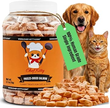 Freeze Dried Salmon Cat Treats | 100% Wild Caught Salmon Dog Treats, Grain- Free | High Protein, Single Ingredient Cat & Dog Food Toppers | No Additives or Preservatives | Tested in USA | 1.4 oz