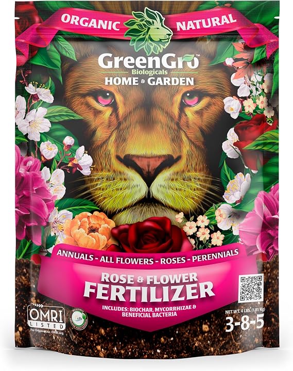 GreenGro Organic Rose & Flower Fertilizer | Mycorrhizae + Biochar + Humic Acid for Bigger Blooms & Stronger Roots | All-Natural Bloom & Root Food for Roses, Orchids & Flowering Plants | 4 lb (3-6-4)