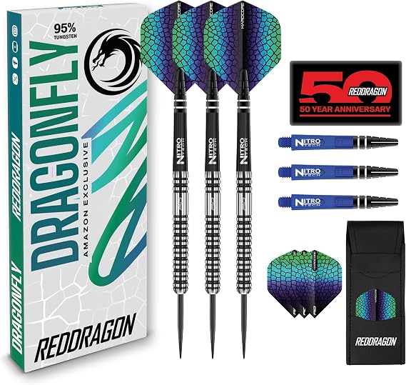 RED DRAGON DARTS - Dragonfly - 20g, 22g or 24g Professional 95% Tungsten Darts Set with 2x Dart Flights and 2x Stems