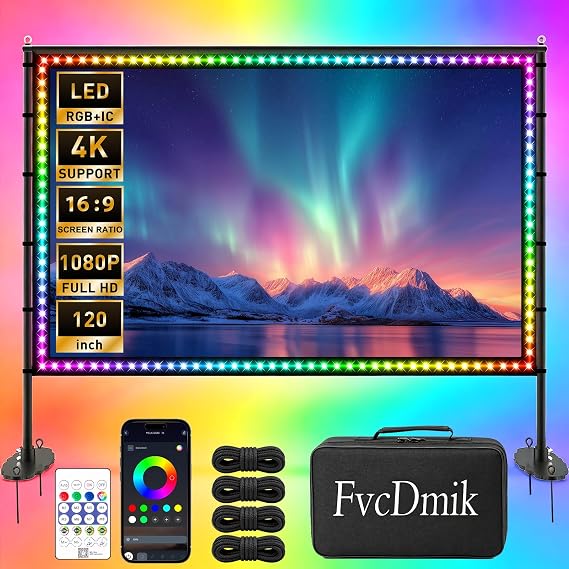 120 inch Outdoor Projection Screen with Stand, Smart RGB+IC Strip Light, 4K 16:9 Wrinkle Wind Resistant Movie Screen, Foldable Portable Projector Screen for Backyard Camping Home Theater