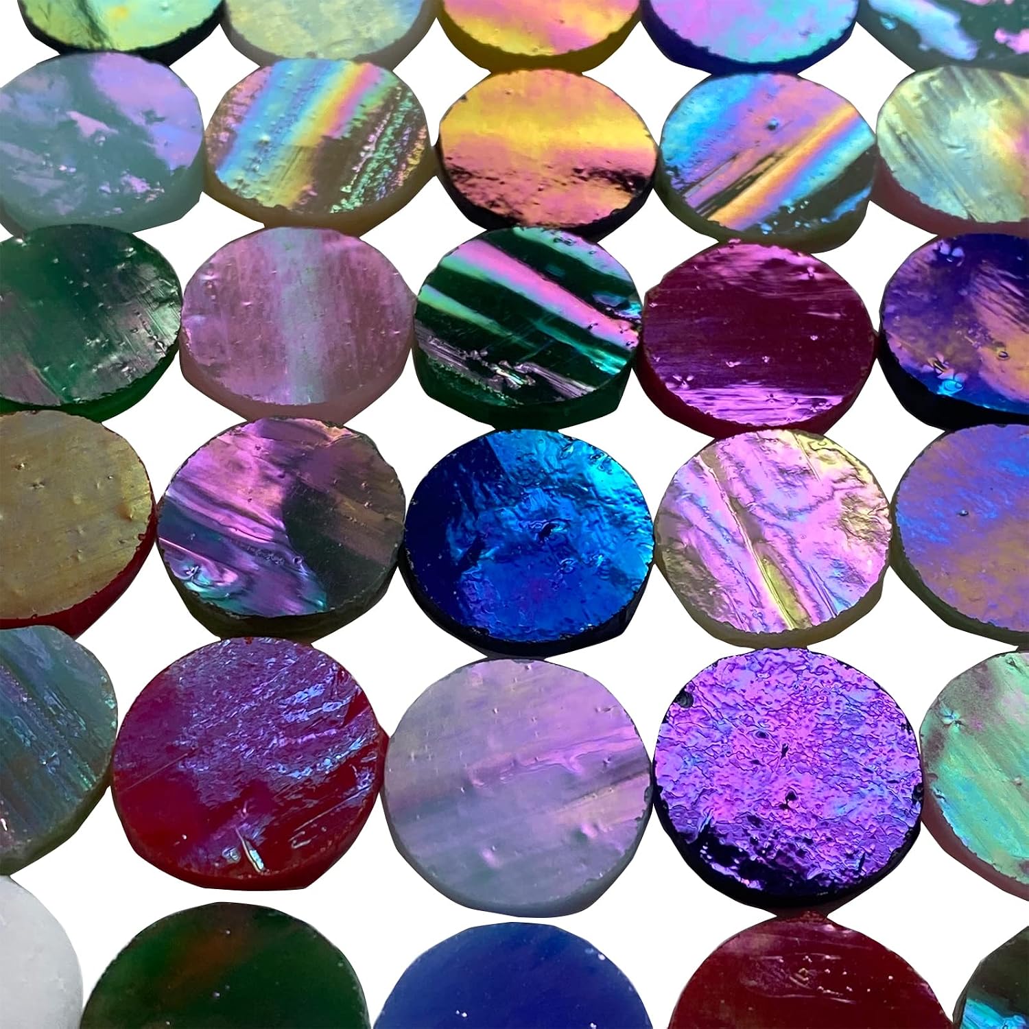 KALUCION 4/5" Magic Iridescent Round Circle Glass Mosaic Tiles for Crafts 125 Pieces, Stained Glass Supplies Mosaic Kit for Adults, Stained Glass Sheets Pieces