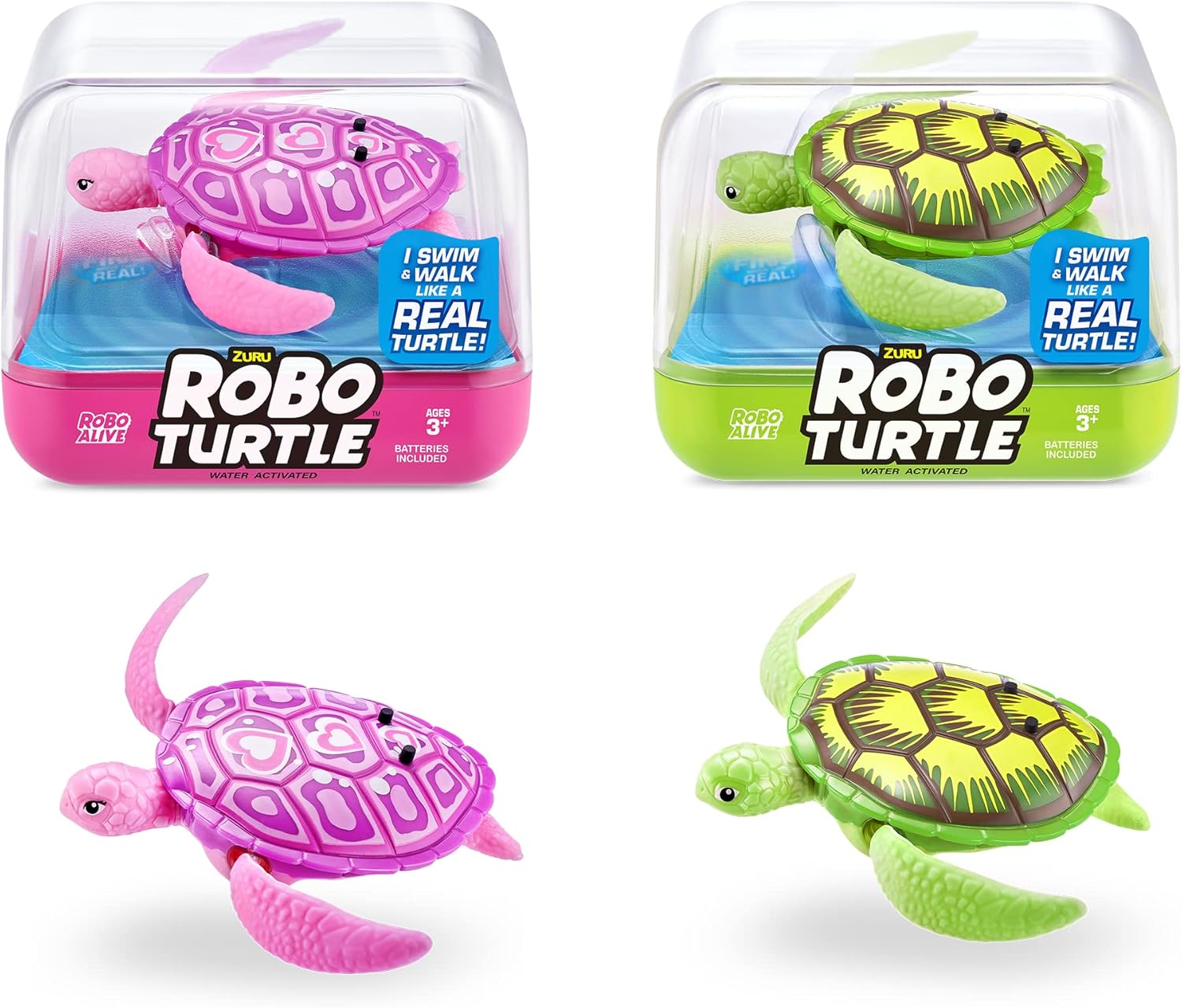 Robo Turtle Robotic Swimming Turtle Toy 2 Pack, Green & Pink ZURU – Battery Powered Water and Outdoor Pool Toy for Kids, Toddlers, and Pets | Swimming Bath Fun, Includes Accessories