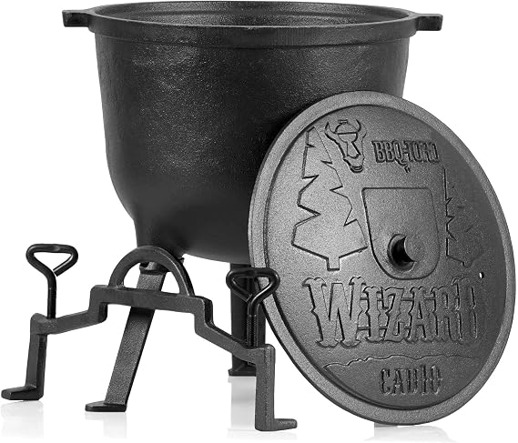 BBQ-Toro "Wizard" cauldron | Cast iron cooking pot | Cast iron pot with three legs, lid, bracket and locking screws | Witch cauldron | Potjie (10 Litres)