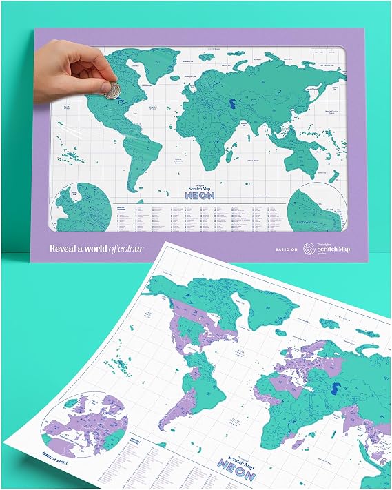 Luckies Scratch Map - Scratch Off World Map - World Travel Maps Frame - Countries Visited Maps - Scratchable Foil Poster - US & Australian States - Scratchable Wall Pin Board - A3 Size - Neon Green