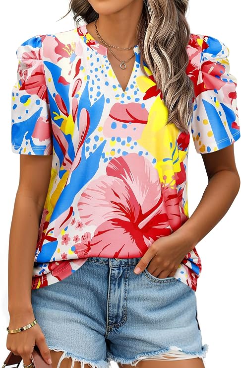 Women's Hawaiian Shirt Puff Sleeve Luau Tropical Outfits Vacation Tshirt