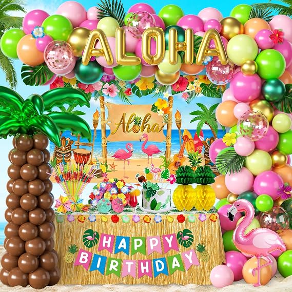 Hawaiian Birthday Party Decorations,Luau Party Decorations Kit with Aloha Balloon Banner, Backdrop,Balloons, Hawaii Themed Party Supplies for Summer Pool Aloha Themed Birthday Party decorations