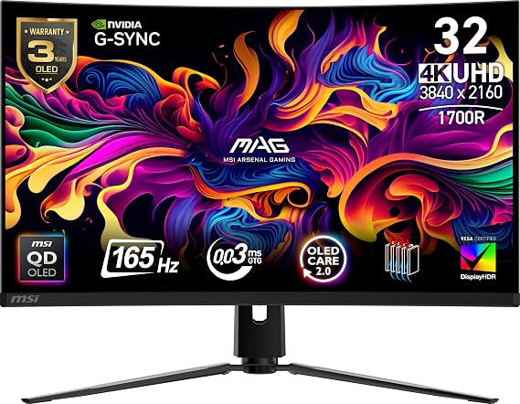 MSI 31.5 MAG 321CUP QD-OLED, Gaming Monitor, UHD, 16:9 Curve 1700R, QD-OLED, 165HZ, 0.03ms, G-SYNC Compatible