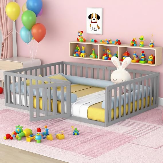 Bellemave Full Size Floor Bed with Fence and Door, Kids Montessori Floor Bed Without Slats, Cute Montessori Bed for Kids, Girls, Boys, Wood Floor Bed(Full Gray)