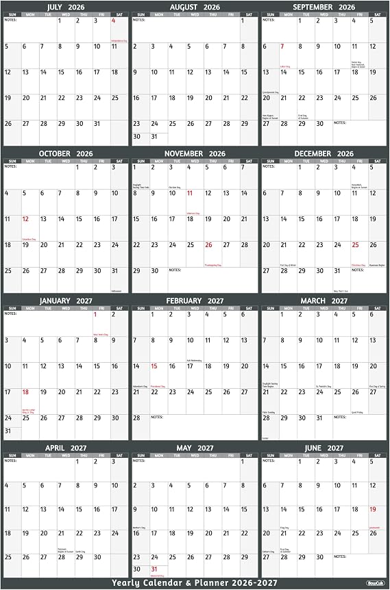 Yearly Wall Calendar 2026-2027 - Large Yearly Calendar Vertical, Jul 2026 - Jun 2027, 25.2" x 38.2" (Open), 2026-2027 Calendar, Large Wall Calendar, Full Year Paper Calendar with Notes, Thicker Paper