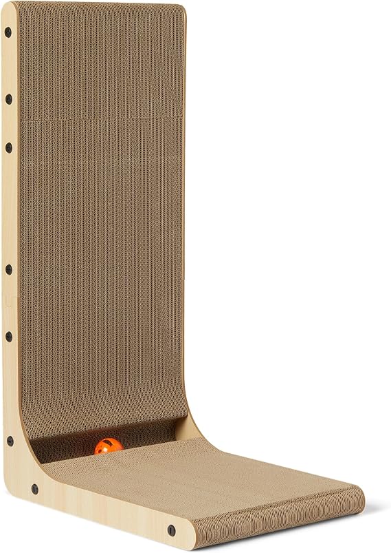 Amazon Basics Cat Scratcher, L-Shaped with Catnip and Interactive Ball Toy, Corrugated Cardboard, Wall Climber, FSC Certified, 41.9 x 29.0 x 68.0 cm, for Indoor Cats and Kittens