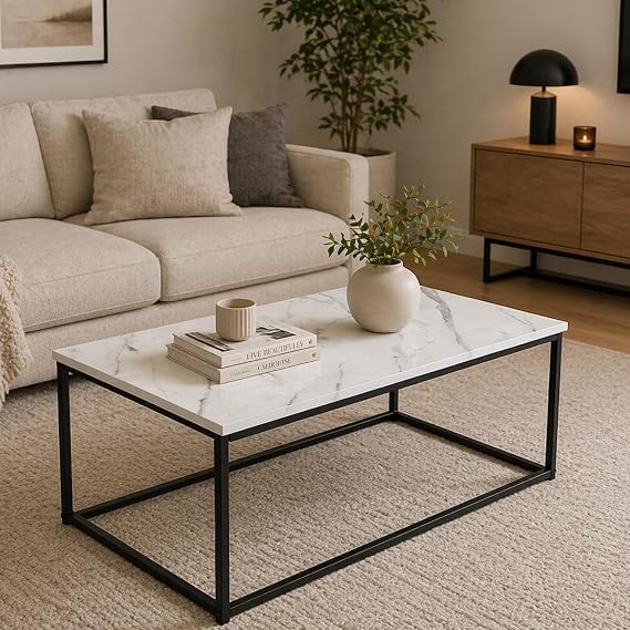 Dylex Modern Coffee Table with Marble Effect Tabletop and Black Metal Legs Rectangular Center Table Living Room