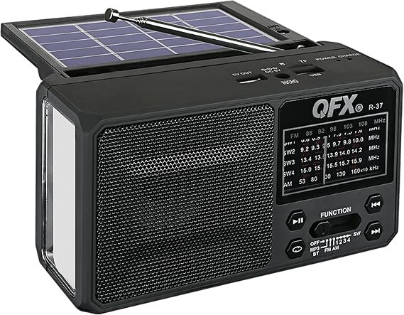 QFX R-37 6-Band (AM, FM, SW1 - SW4) Bluetooth LED Flashlight Solar Radio (2021 Model)