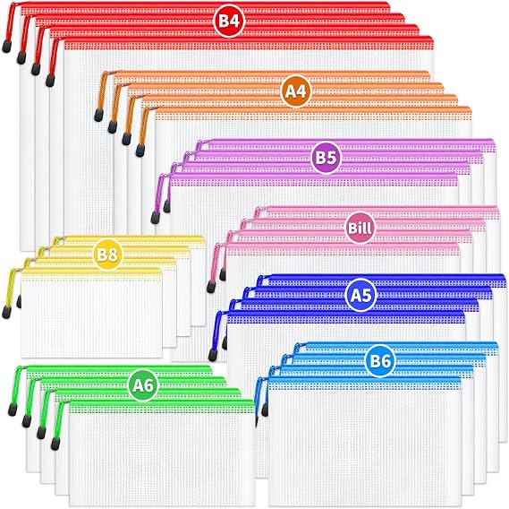 Smarpau 32PCS Plastic Zip Wallets, 8 Sizes Mesh Zipper Bags Plastic Folders, Waterproof Zip Lock Storage Bags Document Wallets for School, Office, Home and Travel (8 Colors)