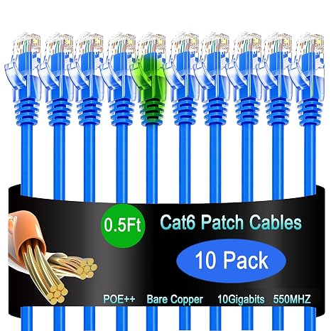 Cat6 Ethernet Patch Cable 0.5 ft (10 Pack), Cat6 Patch Cable 26AWG Pure Copper for Data Centers, Cat 6 Patch Cable 10G, Network Patch Cables for Home and Enterprise Network -Blue