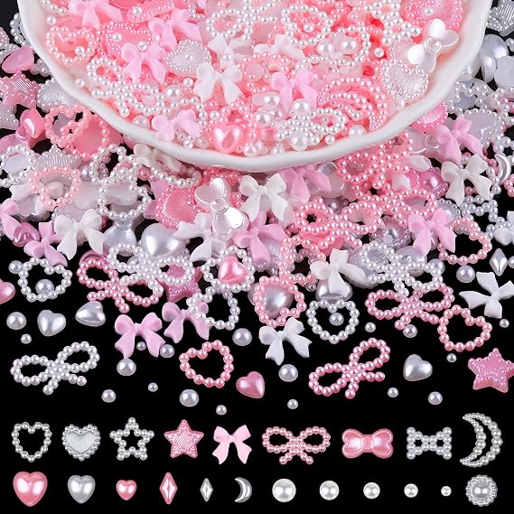1200Pcs 3D Multi Shapes Nail Charms and Flatback Pearls, White&Pink Mix Styles Heart Star Bow Sunflower Embellishments for Nail Art, Craft and Decoration with Tweezer and Pickup Pencil