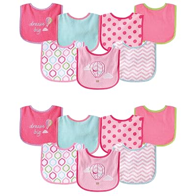 Luvable Friends Unisex Baby Cotton Terry Drooler Bibs with PEVA Back, Pink Balloon 14-Piece, One Size