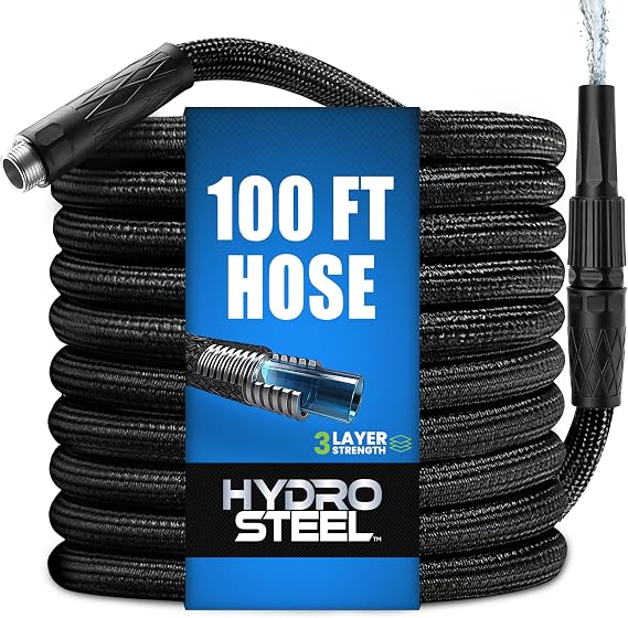 HYDROSTEEL 100 Ft Garden Hose with Nozzle, 3x-Layer Premium 304 Stainless Steel Metal Water Hose 100Ft x 3/4" Rust Proof, Heavy Duty Flexible Hoses, Crush Resistant Fittings, Kink Resistant, 500 PSI