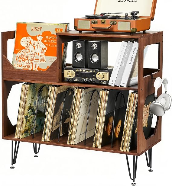 ikkle Large Rustic Record Player Stand, 2 Tier Record Player Table with Vinyl Record Storage, Vinyl Storage Cabinet with Metal Legs, Turntable Stand for Living Room, Bedroom, Holds 370 Albums, Walnut