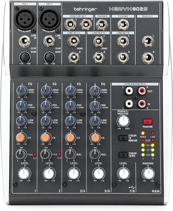 Behringer XENYX 802S Premium Analogue Mixer with 8 Inputs and USB Streaming Interface