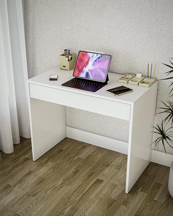 Lükens Mobilya Çalışma Masası Makyaj Masası Beyaz | 1 Çekmeceli Teleskopik Raylı | E1 Suntalam | 90x75x50 cm | Ev Ofis Yatak Odası
