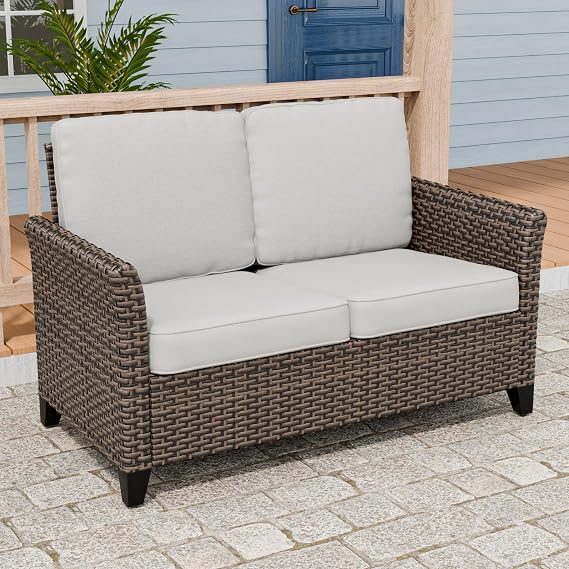 Wicker Patio Sofa, Outdoor Furniture Loveseat, 2 Seat, Brown/Beige