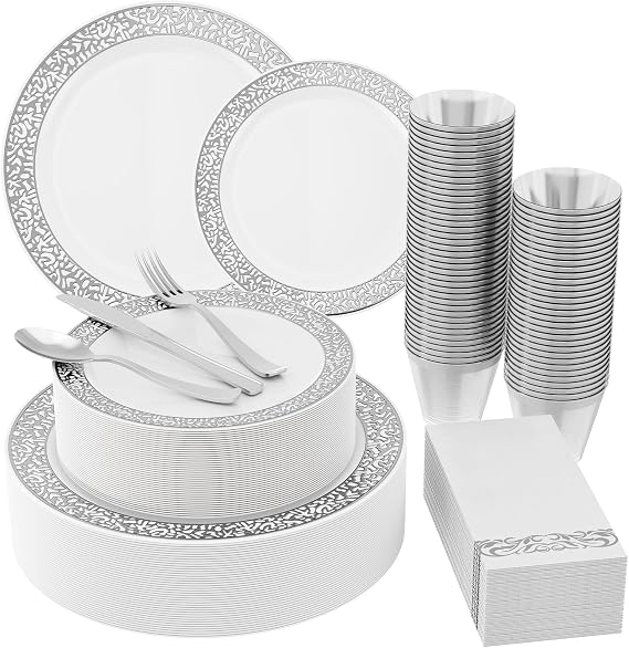 210 PCS Plastic Plates Set With Silver Rim Dinnerware Set for 30 Guests