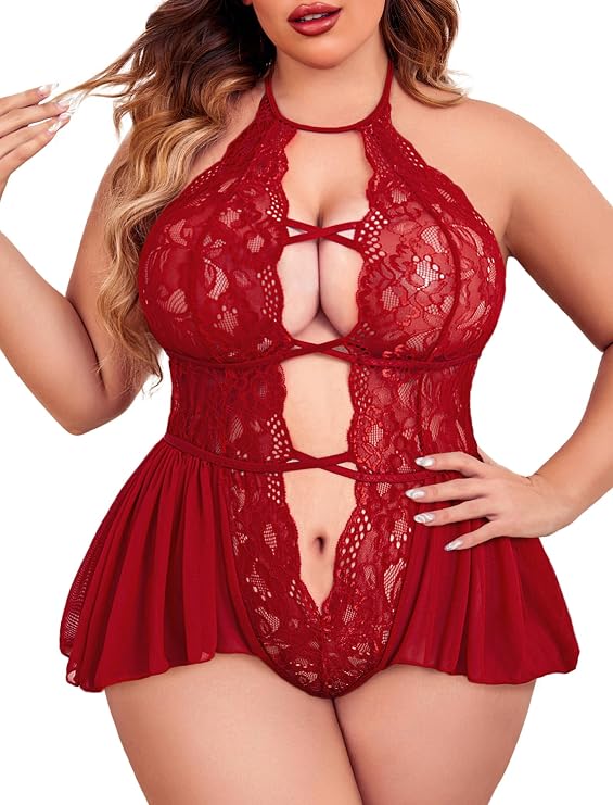 Womens Plus Size Lingerie Lace Bodysuit Teddy One Piece Lace Babydoll