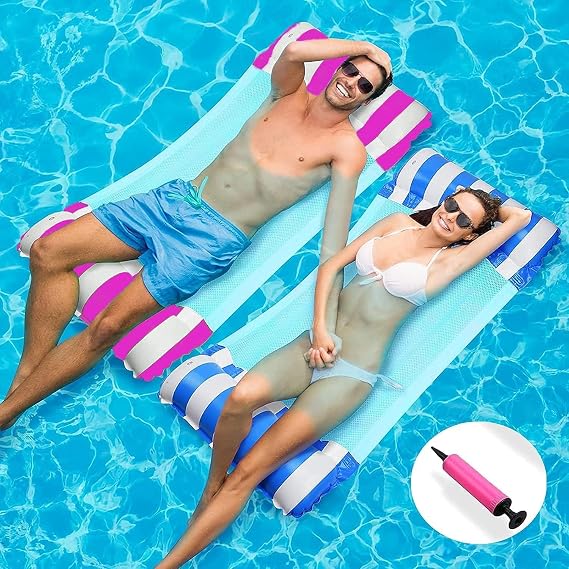 2Pcs Swimming Pool Float Hammock 130CM, 4-in-1 Inflatable Pool Float Saddle Lounge Chair Hammock Drifter Recliner Raft Bed for Beach, Hot Tub & Pool (Blue & Pink)