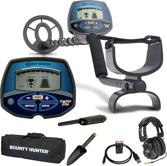 Bounty Hunter Tracker Pro Metal Detector for Adults with Waterproof Coil, Headphones, Pin Pointer, Trowel, and Carry Bag