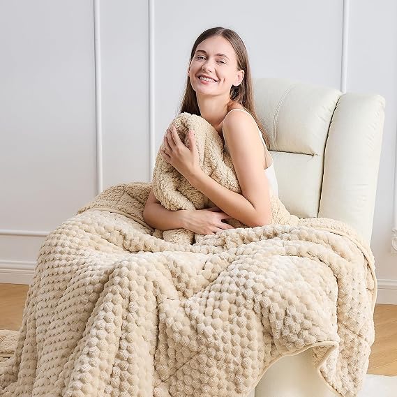 Fleece Weighted Blanket for Adults 60" x 80" 20lbs Fuzzy Blankets, Khaki