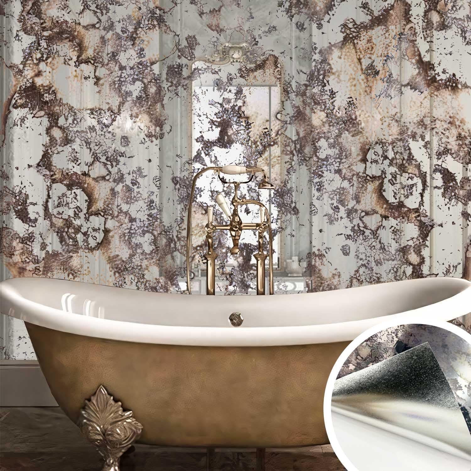 funlife Foxed Antique Chrome Reflective Style Vintage Rusted Motif Wallpaper, 115X150CM Humidity Grunge Motif