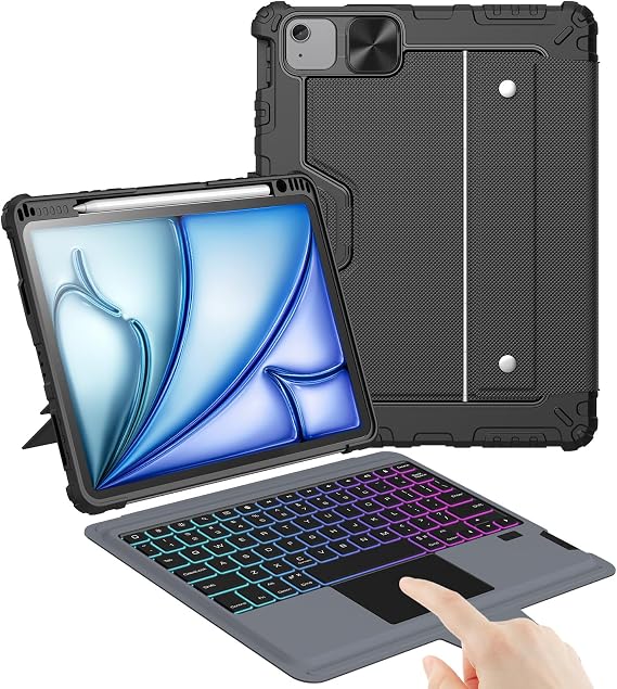 Nillkin iPad Air 11" (M2, 2024) Kılıf Çıkarılabilir Klavye, iPad Pro 11 (1./2./3. Nesil) ve Air 5./4. Nesil Sağlam Klavye Kılıfı, 7 Renkli Arkadan Aydınlatmalı, İzleme Dörtgeni, Portre/Manzara Modları