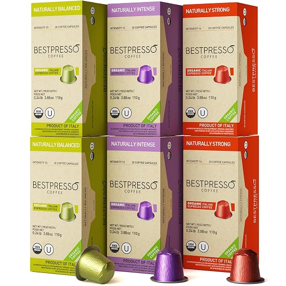 Organic USDA Bestpresso Coffee Aluminum Espresso Pods For Nespresso Original Machine 120 Pack (Variety Pack)