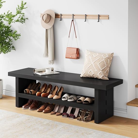 47" 2-Tier Wooden Entryway Bench with Shoe Storage, Black