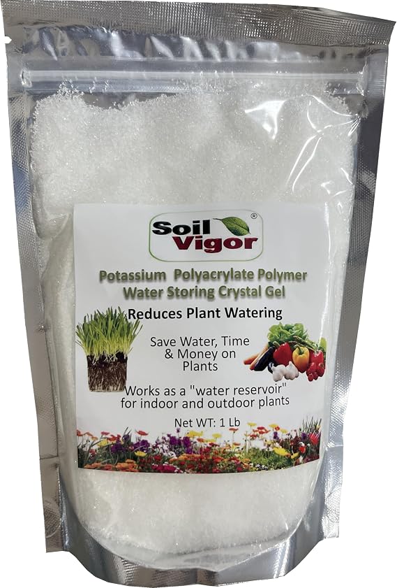 Soil Vigor Premium Potassium Polyacrylate Water Storing Crystals 1lb Fine Granular 20-100 Mesh Agricultural Grade Soil Conditioner for Gardens Lawns Trees Houseplants Drought Defense