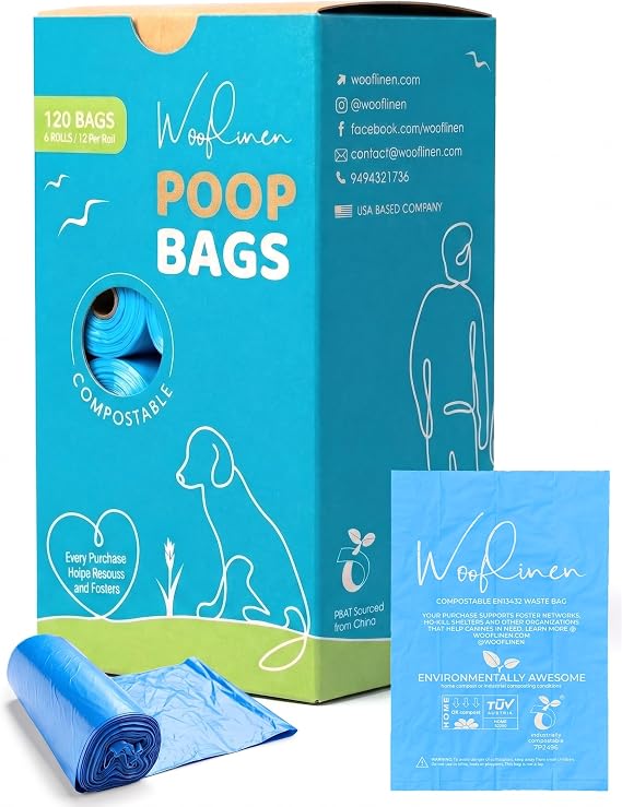 Wooflinen Home Compostable Dog Poop Bags Leak-Proof Dog Poop Bags Rolls Large 9x13, Durable, Easy Tear Made from Plant & PBAT Material For Big & Small Dogs 120 Bags (8 Rolls)