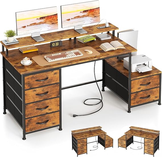 128cm Desk with Fabric File Cabinet, Computer Desk with Shelves and Drawers, Writing Table with Monitor Stand, Study Table Workstation for Home Office, Rustic Brown