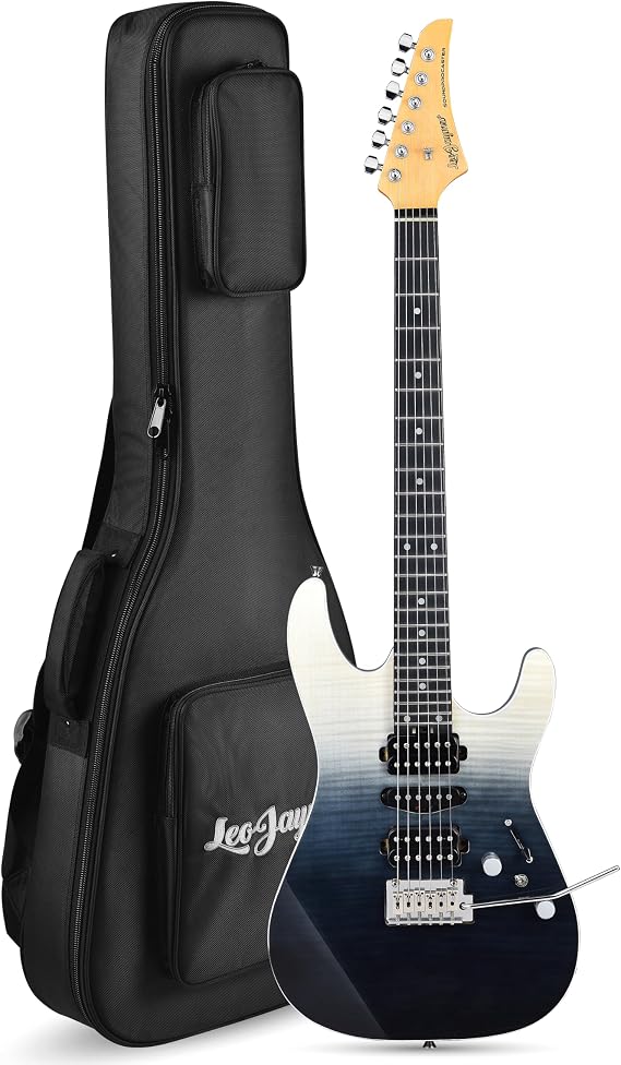 Leo Jaymz SW Electric Guitar, Flame Maple Top, Synthetic Ebony Fingerboard, 304 Stainless Steel Frets, 12"-16" Compound Radius, Alnico 5 Pickups, Small Double Locking Tremolo (Transparent faded Black)